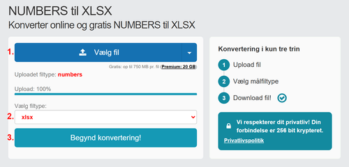 Sådan konverteres NUMBERS filer online til XLSX