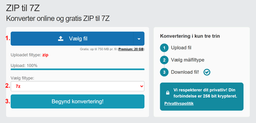 Sådan konverteres ZIP filer online til 7Z